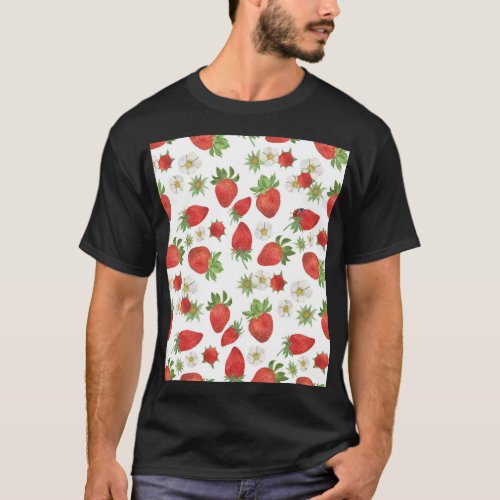 Strawberries Flowers Watercolor Seamless Art T_Shirt