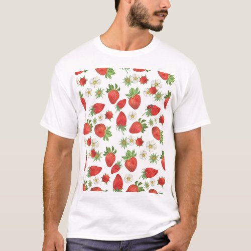 Strawberries Flowers Watercolor Seamless Art T_Shirt