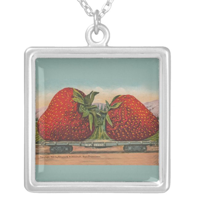 Strawberries Giant Antique Fruit Fun Silver Plated Necklace (Front)