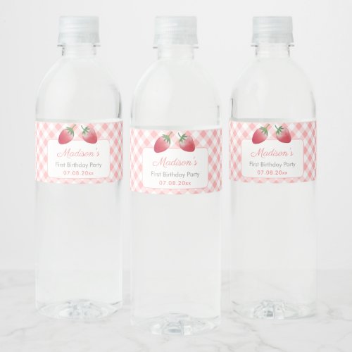 Strawberries Gingham Check Picnic Birthday Party Water Bottle Label