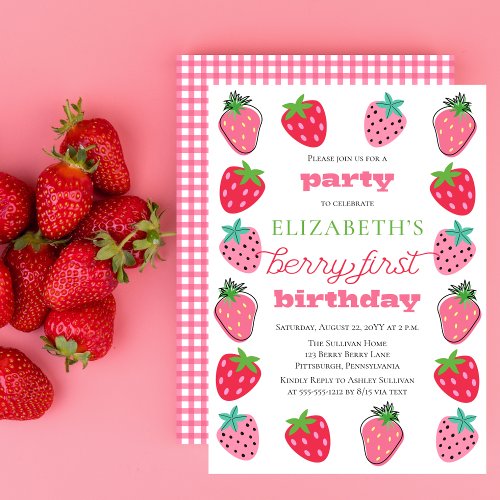 Strawberries Girls Berry First Birthday Party Invitation
