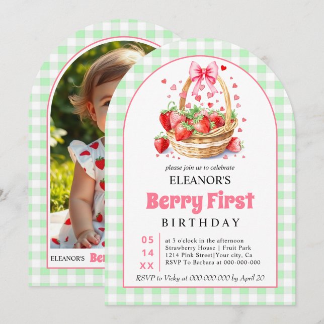 Strawberries green gingham Berry First Birthday Invitation (Front/Back)