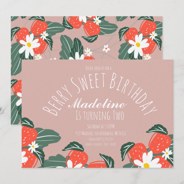 Strawberries Hand Drawn Botanical Birthday Invitation (Front/Back)
