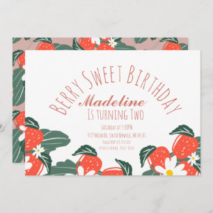 Strawberries Hand Drawn Botanical Birthday Pink Invitation