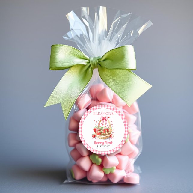 Strawberries hearts,pink bow Berry First Birthday Classic Round Sticker (Creator Uploaded)