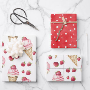 Strawberries Ice Cream Cones Red Dots Birthday Wrapping Paper Sheets