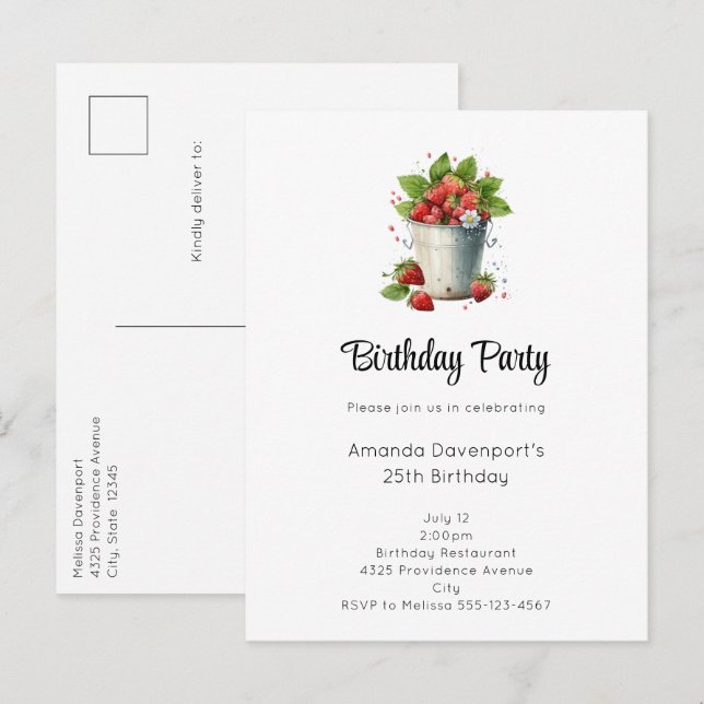 Strawberries in a Bucket Birthday Invitation Postcard (Front/Back)