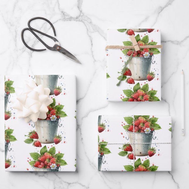 Strawberries in a Bucket Pattern Wrapping Paper Sheets (Front)