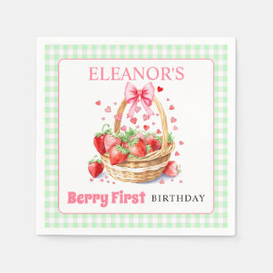 Strawberries mint gingham Berry First Birthday Napkins