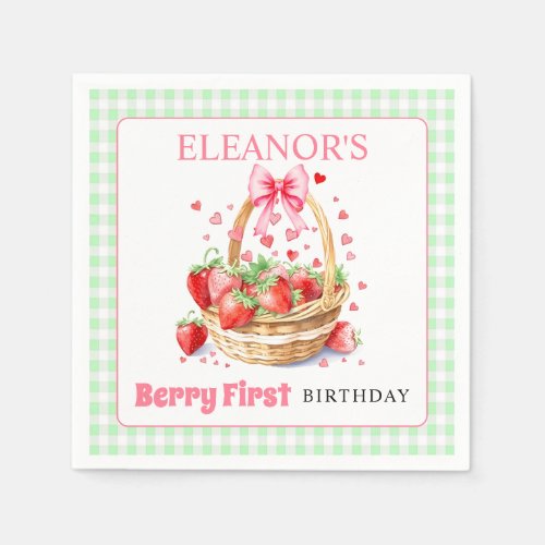 Strawberries mint gingham Berry First Birthday Napkins