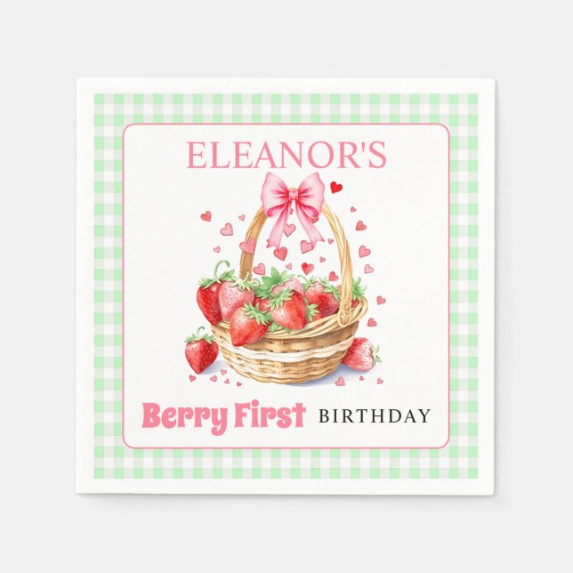 Strawberries mint gingham Berry First Birthday Napkins (Front)
