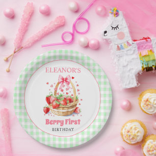 Strawberries mint green Berry First Birthday Paper Plates