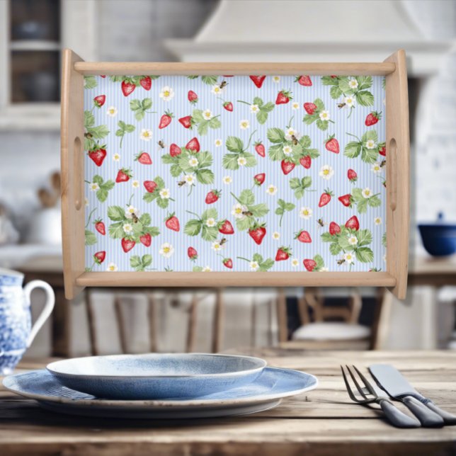 Strawberries n Bees Watercolor Pin Stripes Blue Serving Tray (Creator Uploaded)