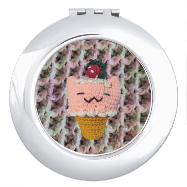 Strawberries-N-Cream Ice Cream Cone Amigurumi Cat Compact Mirror (Front)