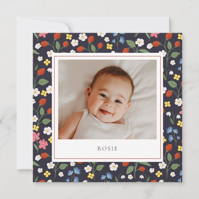 Strawberries navy Baby Birth  Announcement (Front)