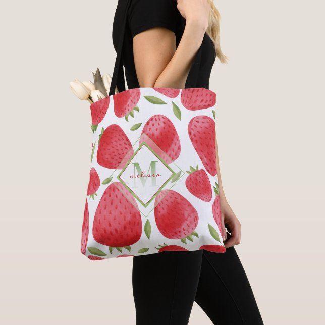 Strawberries & Ombre Monogram + Red & Green Tote Bag (Close Up)
