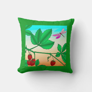 Strawberries on a Branch and Dragonfly Throw Pillow