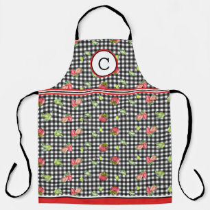 Strawberries On Black Gingham Monogrammed Apron