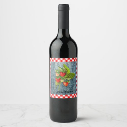 Strawberries on Denim and Gingham Look Background Wine Label