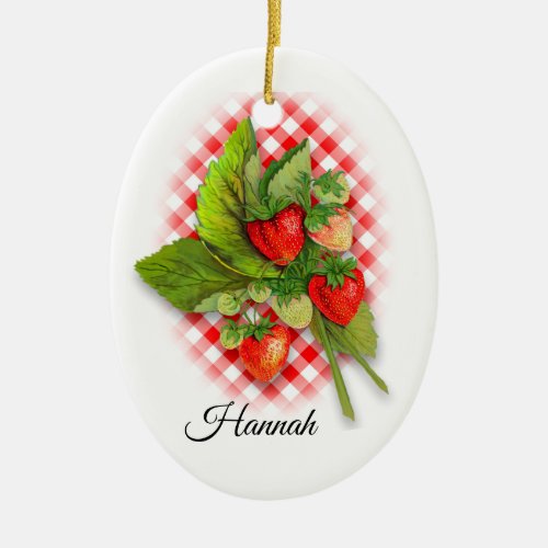 Strawberries on Gingham I love you berry much Ceramic Ornament