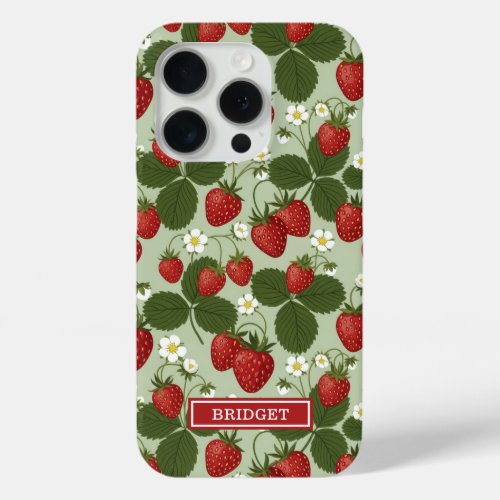 Strawberries On Green Monogrammed iPhone 15 Pro Case