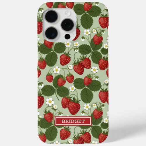 Strawberries On Green Monogrammed iPhone 15 Pro Max Case
