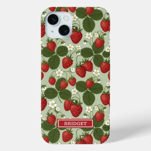 Strawberries On Green Monogrammed iPhone 15 Plus Case