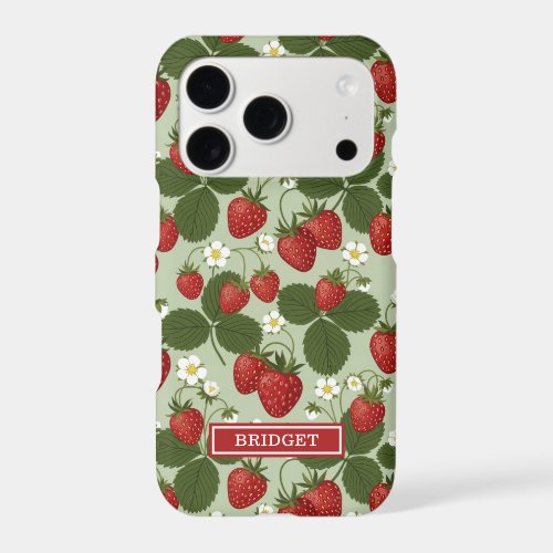 Strawberries On Green Monogrammed iPhone 17 Pro Case