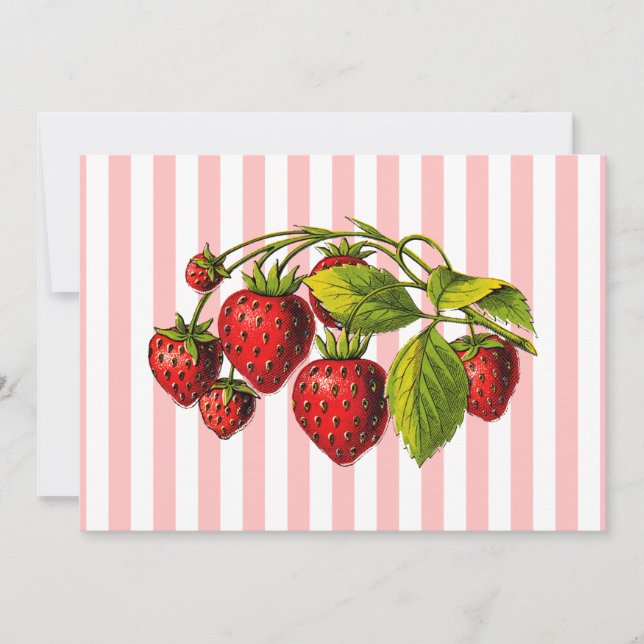 Strawberries on Pink and White Stripes Invitation (Front)