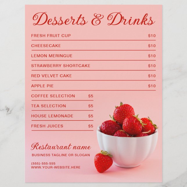Strawberries On Pink Cafe Restaurant Dessert Menu Flyer (Front)