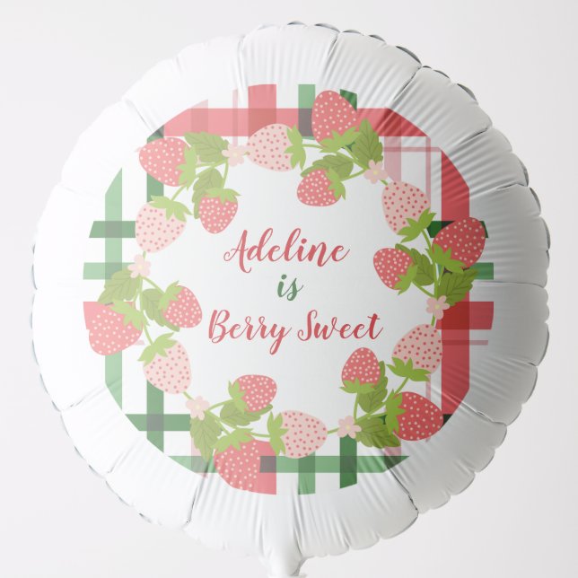 Strawberries on Pink Green Plaid Custom Name Balloon (Front)
