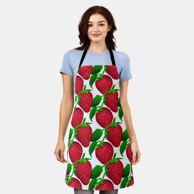 Strawberries on White Background Pattern   Apron (Worn)