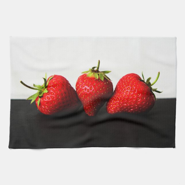 Strawberries On White Over Black ktcnm Kitchen Towel (Horizontal)