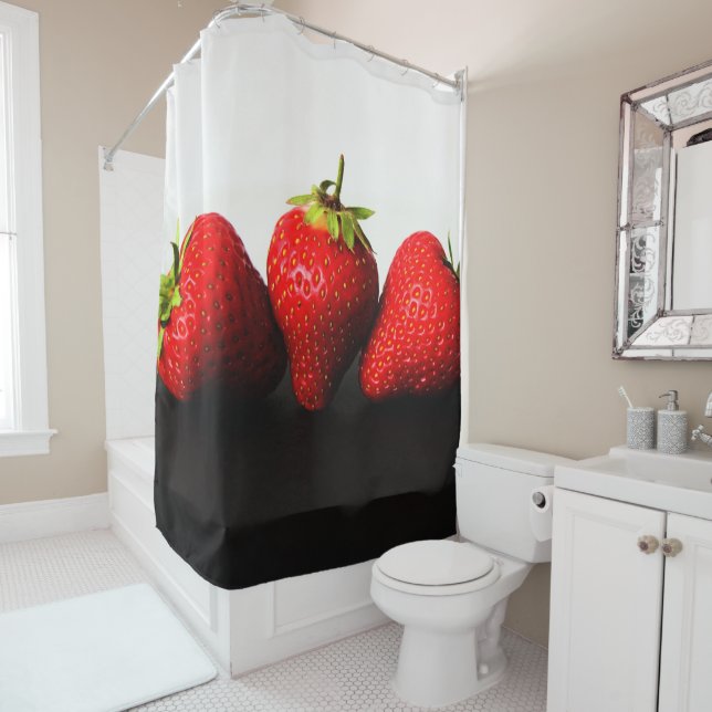 Strawberries On White Over Black sccna Shower Curtain (In Situ)