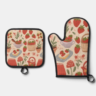 Strawberries oven mitt & pot holder set