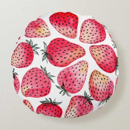 Strawberries painted with watercolor and ink seaml round pillow