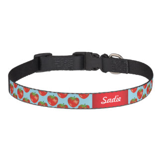 Strawberries Pattern On Blue And Custom Pet's Name Pet Collar