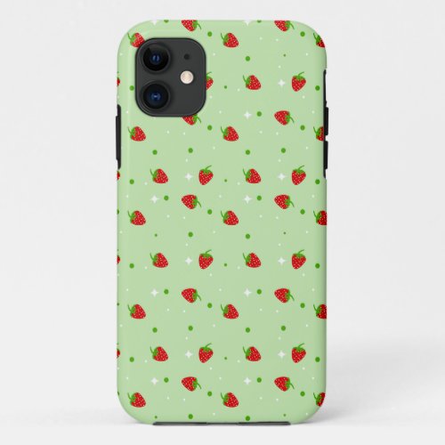 Strawberries Pattern with Green Background iPhone 11 Case