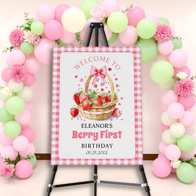 Strawberries pink bow Berry First Birthday WELCOME Foam Board (Creator Uploaded)