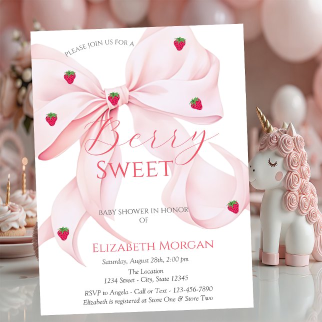 Strawberries  Pink Bow Pink Baby Shower Invitation (Creator Uploaded)