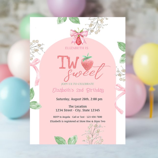 Strawberries Pink Bow Two Sweet 2nd Birthday Invitation (Creator Uploaded)