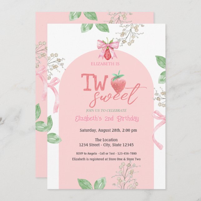 Strawberries Pink Bow Two Sweet 2nd Birthday Invitation (Front/Back)