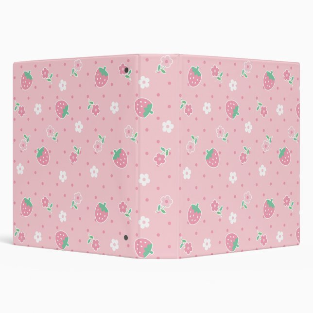 Strawberries Pink Flowers Dots Kawaii Cute Pastel 3 Ring Binder (Background)