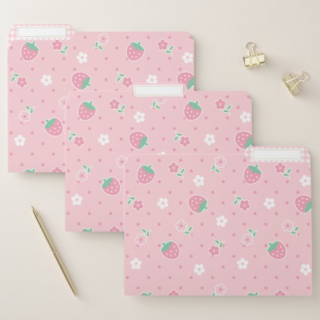 Strawberries Pink Flowers Dots Kawaii Cute Pastel File Folder (Set)