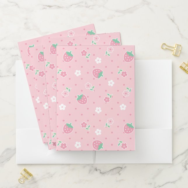 Strawberries Pink Flowers Dots Kawaii Cute Pastel Pocket Folder (In Situ)