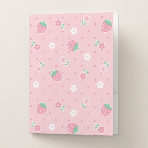 Strawberries Pink Flowers Dots Kawaii Cute Pastel Pocket Folder