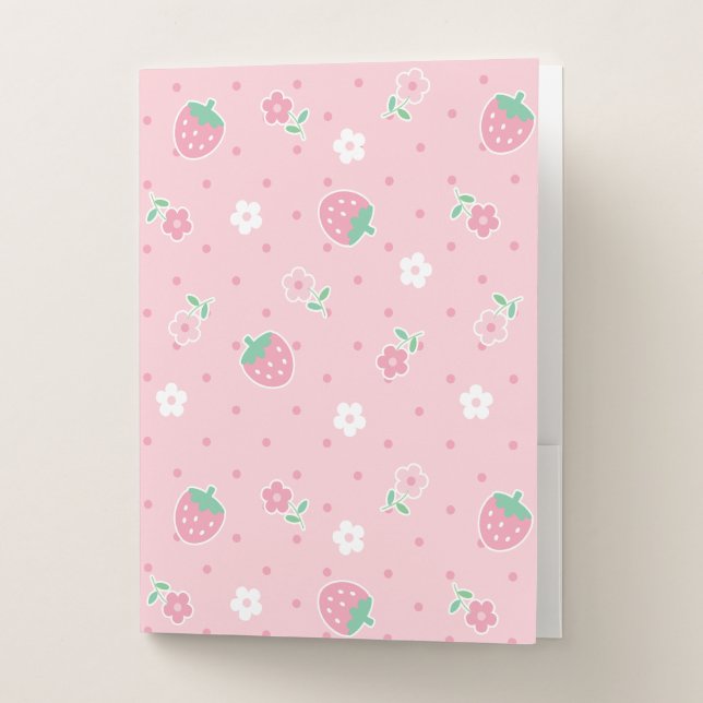 Strawberries Pink Flowers Dots Kawaii Cute Pastel Pocket Folder (Front)