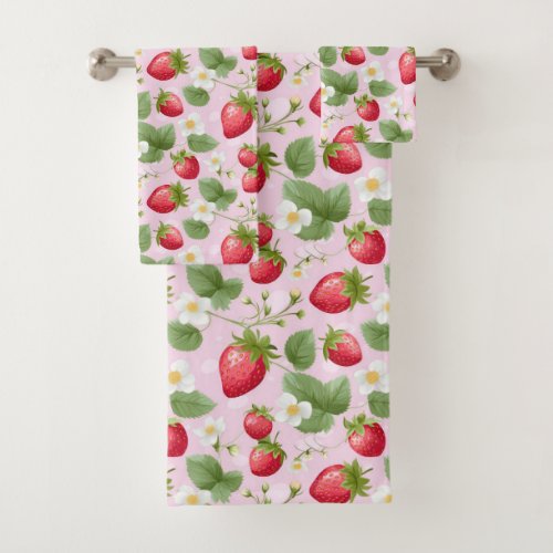 Strawberries Pink Red White Floral Greenery Bath Towel Set
