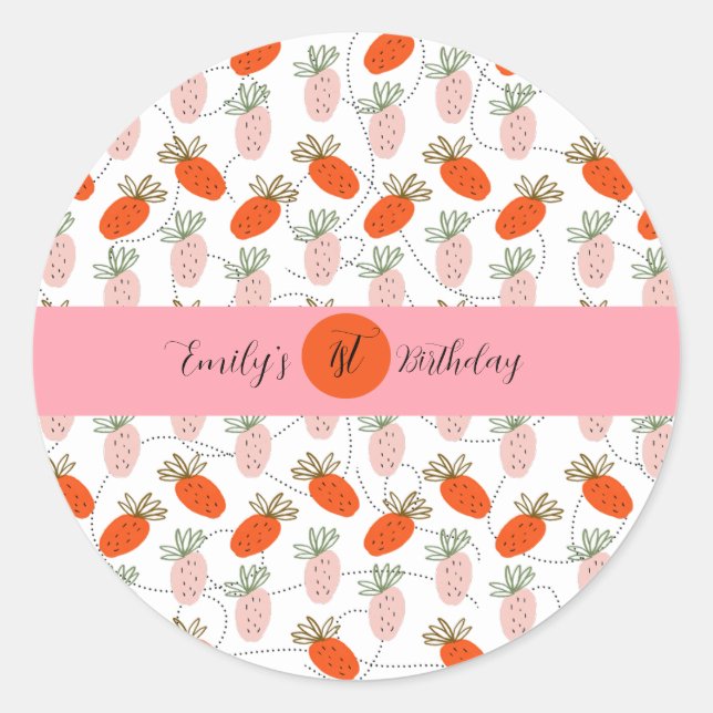 Strawberries Pink White Doodle Birthday Party Classic Round Sticker (Front)
