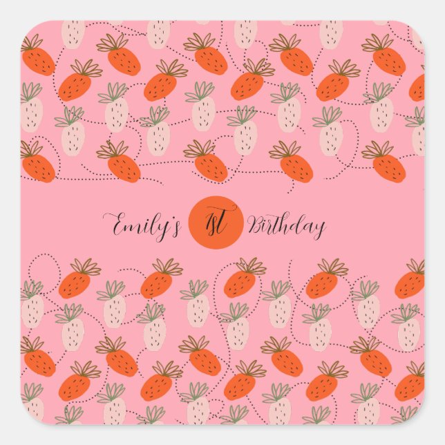 Strawberries Pink White Doodle Birthday    Square Sticker (Front)
